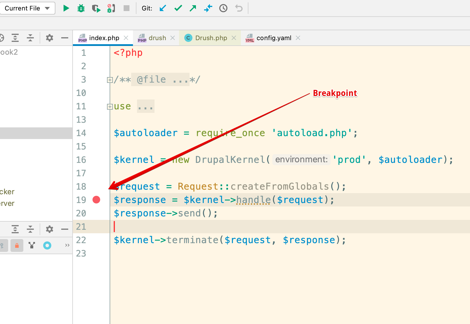 Set a breakpoint in PhpStorm