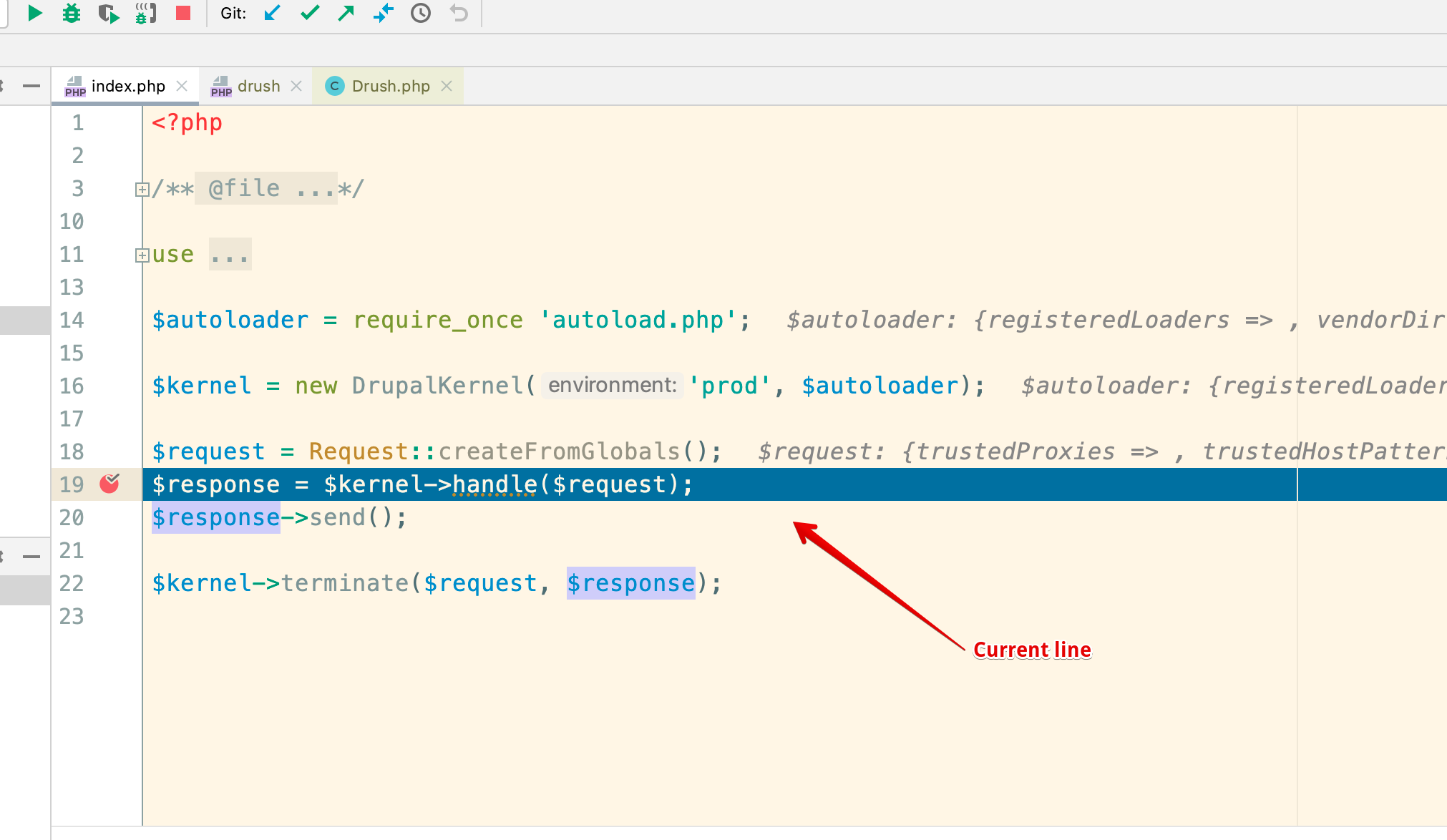 Breakpoint reached in debugging in PhpStorm