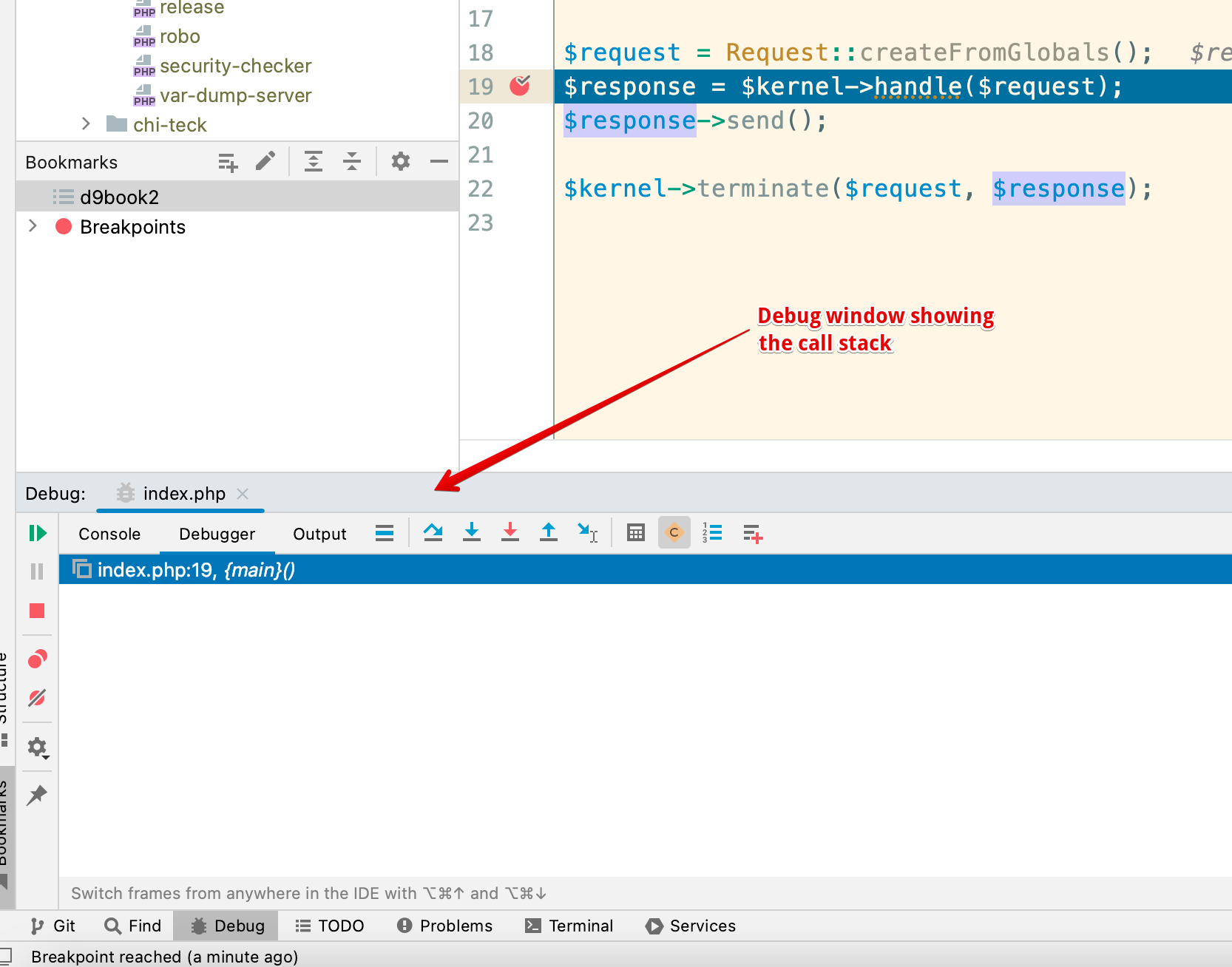 PhpStorm debug call stack