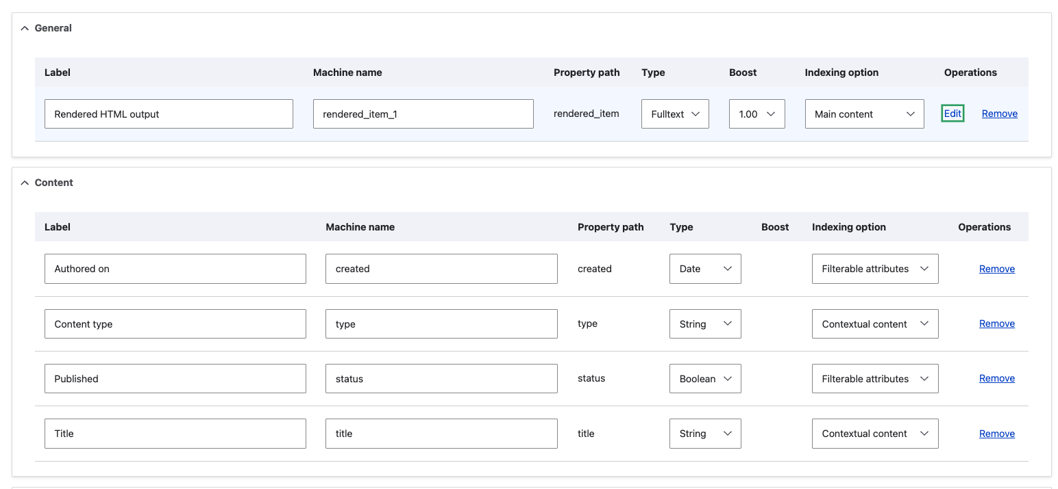 Manage fields for search index Content