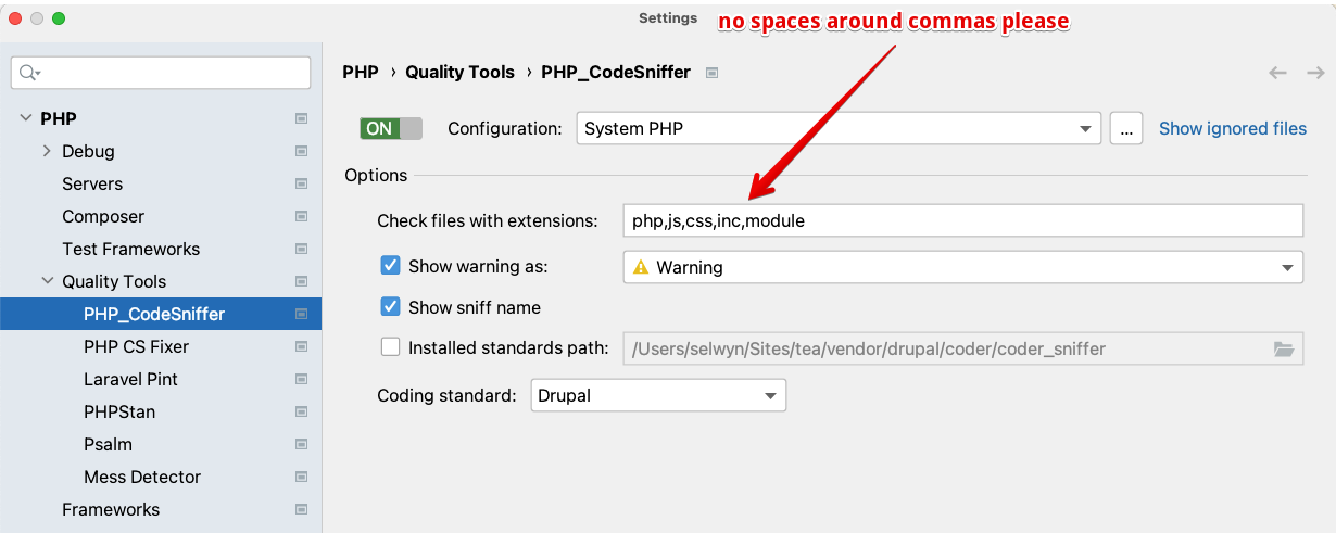 PHPStorm codesniffer settings