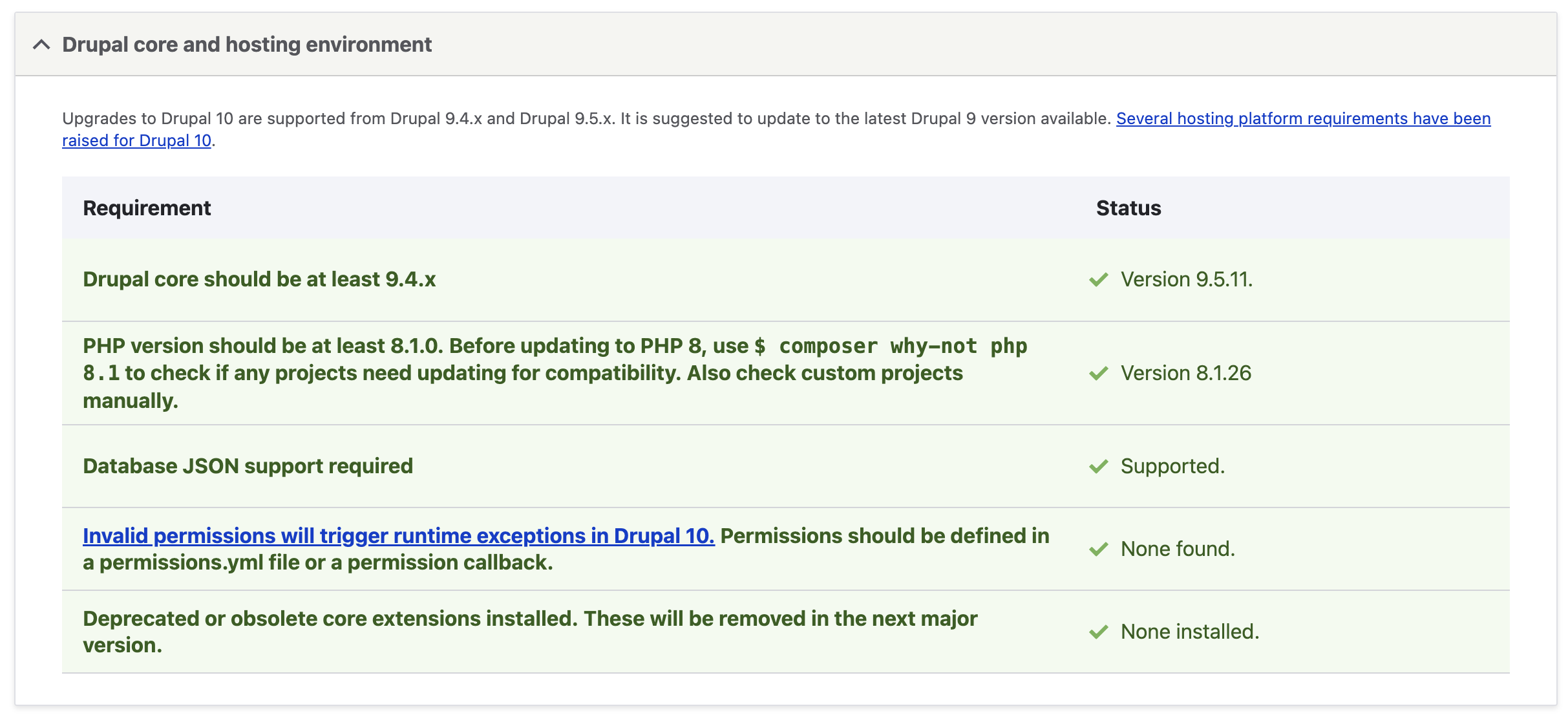 Upgrade status core hosting section all green